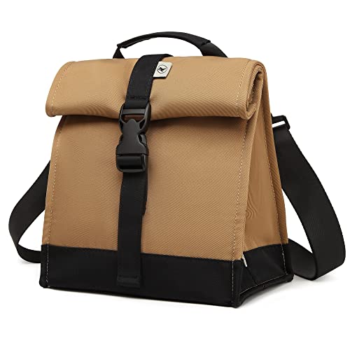SUNNY BIRD Insulated Lunch Bag Rolltop Lunch Box Tote Bag for Women, Men, Adults and Teens (Brown) - color: Brown