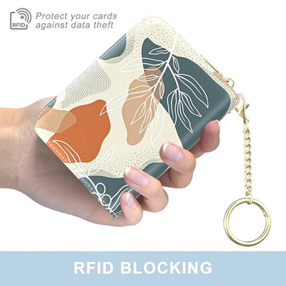 Aiawoxc Credit Card Holder, Small RFID Wallet Slim Leather Card Organizer Case with Zipper and Wristlet Strap, Abstract Boho Leaf - color: B-Desert Leaf, size: Wrist Strap