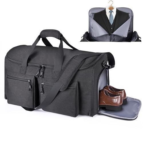 HILOMON Convertible Duffle Bags for Travel Carry On Suit Duffle Bags with Shoulder Strap 2 in 1 Hanging Garment Duffle Bag for Men Women - color: Black