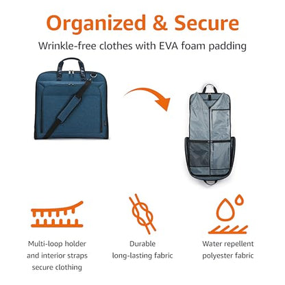 Amazon Basics Carry-On Garment Bag for Travel and Business Trips with Detachable Shoulder Strap, Hanging Suit Luggage, Wrinkle Free Cover for Suits Dresses Coats, Foldable with Shoe Compartment, Navy - color: Navy