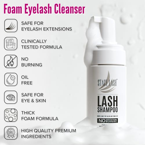 STACY LASH Lash Shampoo 100ml Kit Korean Makeup Remover/Foaming Cleanser with Eye Lash Spoolies & Rinse Bottle & Cleansing Pad & Brush for Eyelash Extensions & Clusters & Natural Eyelashes - color: Shampoo Kit
