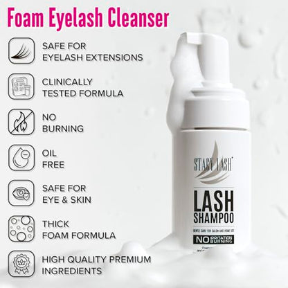 STACY LASH Lash Shampoo 100ml Kit Korean Makeup Remover/Foaming Cleanser with Eye Lash Spoolies & Rinse Bottle & Cleansing Pad & Brush for Eyelash Extensions & Clusters & Natural Eyelashes - color: Shampoo Kit