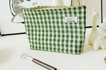 HAPPYHEIDI Large Cute Green Checker Makeup Bag with Compartment Cosmetic Travel Pouch, Nylon Fabric, Purse Organizer, Canvas Lined, Beige Plaid - color: 001 SX427 Green Gingham Canvas