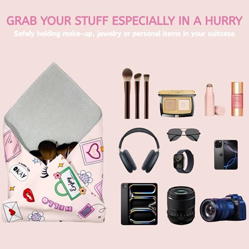 Self-Adhesive Magic Cloth Makeup Bag & Multi-Use Organizer|17.7"x17.7" Portable Travel Cosmetic Bag, Camera Lens Protector, Laptop Sleeve|Beauty Cuties Design Reusable Washable Storage Wrap - size: 17.7''x 17.7", style: Beauty Cuties