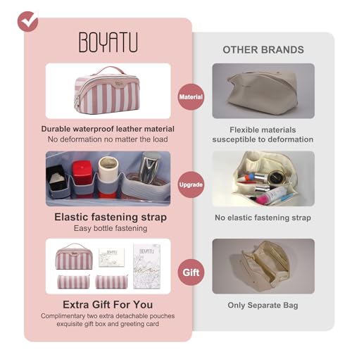 BOYATU Travel Makeup Bag Cosmetic Bag for Women: 3 Pcs Set Striped Make up Bag with Compartments - Waterproof Vegan Leather Toiletry Bags with Handle - Makeup Organizer for Travel Essentials(A-3-Pink) - color: A-3-Pink