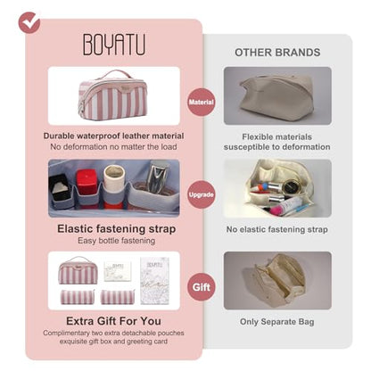 BOYATU Travel Makeup Bag Cosmetic Bag for Women: 3 Pcs Set Striped Make up Bag with Compartments - Waterproof Vegan Leather Toiletry Bags with Handle - Makeup Organizer for Travel Essentials(A-3-Pink) - color: A-3-Pink