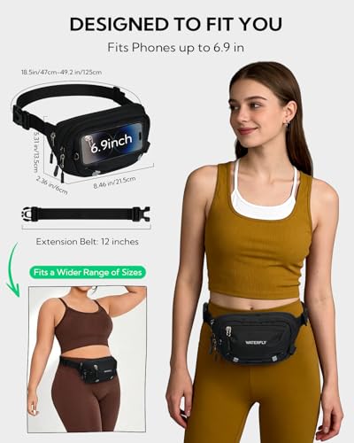 WATERFLY Small RFID Fanny Pack: 1.5L Slim Mini Anti-Theft Crossbody Waist Bag with Extender Strap, Water-Resistant Waist Pack for Men Women Travel Hiking Running-Black - color: Black