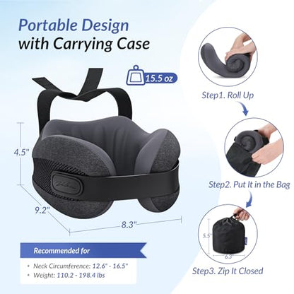 ZIKEE Dual-Layer Memory Foam Neck Pillow for Airplane, Travel Pillow with Seat Straps to Secure Head & Neck, Ergonomic Ear-Friendly Neck Pillow for Traveling with Breathable Vent Holes, Airy Cover