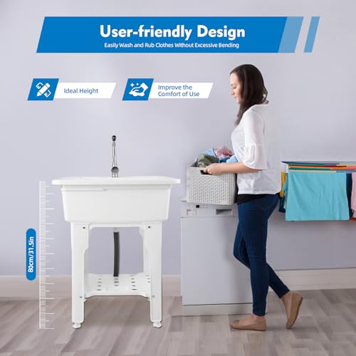 Freestanding Plastic Laundry Sink with Water Faucet, Indoor Outdoor Utility Sink with Washboard, Utility Sink Laundry Tub for Laundry Room/Garage/Garden (25.59x21.65x31.5 Inch) - color: White, 25.6 x 21.7 x 31.5in