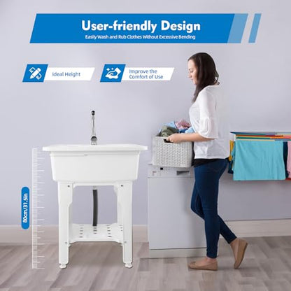 Freestanding Plastic Laundry Sink with Water Faucet, Indoor Outdoor Utility Sink with Washboard, Utility Sink Laundry Tub for Laundry Room/Garage/Garden (25.59x21.65x31.5 Inch) - color: White, 25.6 x 21.7 x 31.5in