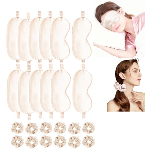 24Pcs Satin Eye Mask Silk Sleep Masks Silky Eyes Cover Blackout Blindfold Eyeshade Scrunchies Hair Ties Travel Wedding Gift - color: Champagne