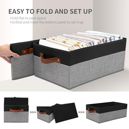 3 Pack Large Capacity Storage Bins Closet Organizer for Shelves, Fabric Closet Storage Baskets Boxes with Leather Handles for Organizing Clothes, Sheets, Jeans, Toys, Books (Black and Grey) - style: 3 Pack Black & Grey