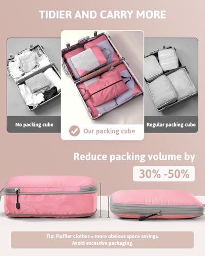 Meowoo 7 Set Compression Packing Cubes for Travel, Durable Ripstop Mesh Suitcase Organizer with Shoe Bag, Ultralight & Expandable Space Saver Travel Cubes - color: Pink