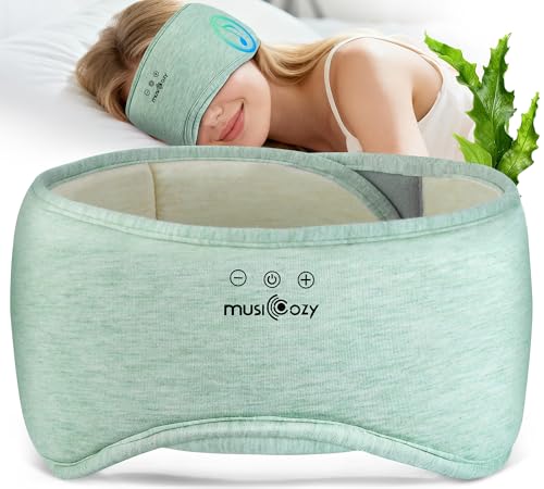 MUSICOZY Bluetooth 5.4 Sleep Headphones Eye Mask with Seaweed Fiber Cotton, Ultra Soft Fully Wrapped Sleep Mask with Headphones for Side Sleepers, 14 Hours Playtime, Gifts for Men Women - color: Light Green