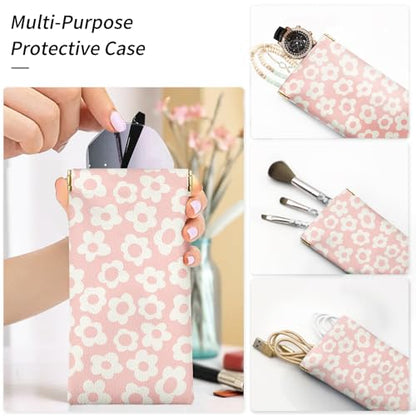 Glasses Case Soft, Eyeglass Cases for Women Portable Squeeze Top PU Leather 2 Pack Glasses Pouch with Cleaning Cloth - color: 2pcs Pink Flowers+blue Flowers