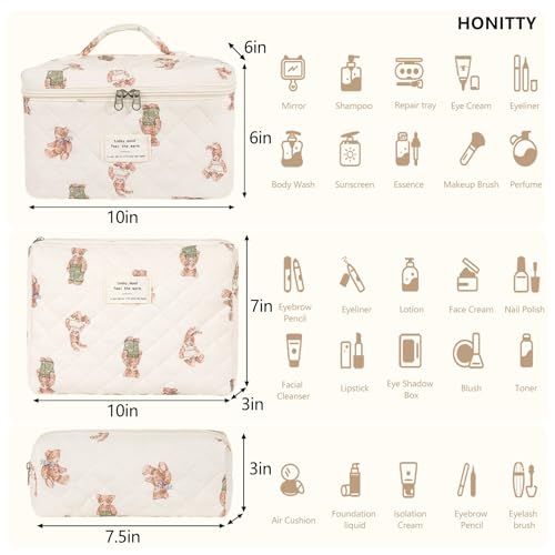 honitty Makeup Bag,Quilted Cosmetic Bag,Large Floral Make Up Bag for Women,Cotton Makeup Bag Set,Flower Travel Toiletry Bag - color: Bear