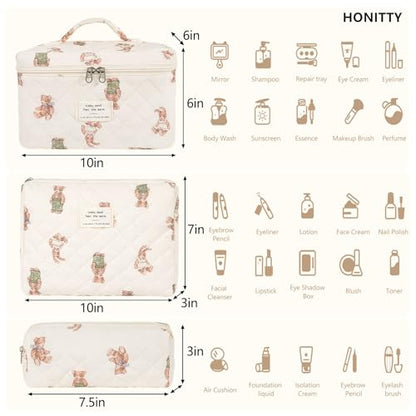 honitty Makeup Bag,Quilted Cosmetic Bag,Large Floral Make Up Bag for Women,Cotton Makeup Bag Set,Flower Travel Toiletry Bag - color: Bear