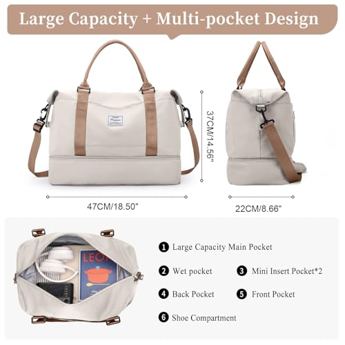 Weekender Bags for Women,Personal Item Travel Bag with Shoes Compartment,Overnight Travel Duffel Bag with Toiletry Bag - color: Beige & Brown, size: Large