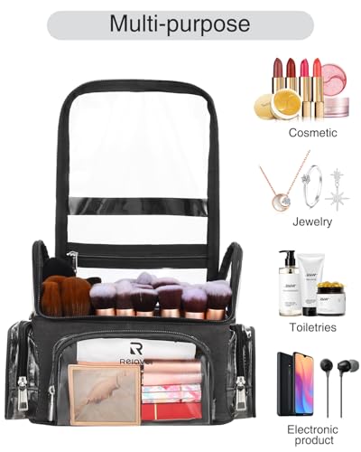 NAONAYA Makeup Brush Bag, Clear Makeup Brush Holder Professional Makeup Artist Travel Case Waterproof Cosmetic Organizer Bag, Full Open Easy to Access, with Adjustable Shoulder Strap and Dividers - color: clear, size: S