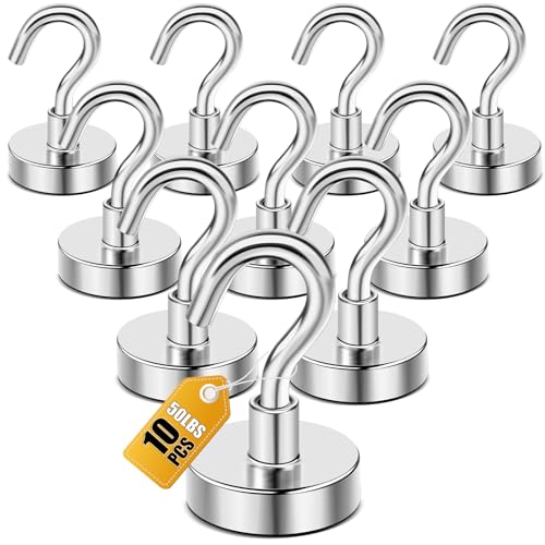 DIYMAG Magnetic Hooks, 50 LB Heavy Duty Magnet with Hook, 10 Packs Strong Rare Earth Neodymium Magnets for Hanging, Magnetics Hanger for Curtain, Home, Kitchen, Workplace - color: Silver, size: 0.78in