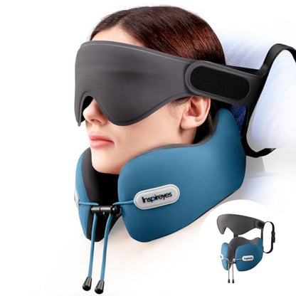 Inspireyes Neck Pillow, Travel Pillow with Seat Strap, 3D Sleep Mask, Dual Support Neck and Head, High Supportive Foam Airplane Pillow for Long Flight, Stop Bobblehead Travel Essential, Lake Blue - color: Cyan