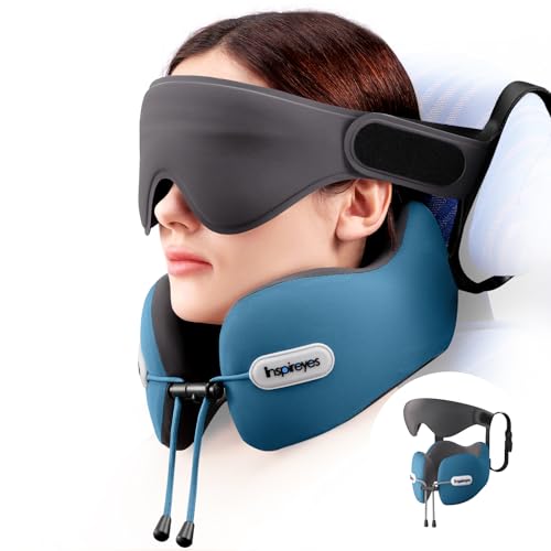 Inspireyes Neck Pillow, Travel Pillow with Seat Strap, 3D Sleep Mask, Dual Support Neck and Head, High Supportive Foam Airplane Pillow for Long Flight, Stop Bobblehead Travel Essential, Lake Blue - color: Cyan