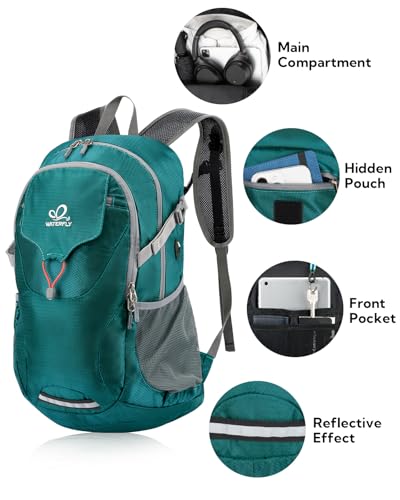 WATERFLY Lightweight Packable Hiking Backpack: 30L Foldable Travel Daypack Ultralight Camping Day Pack for Woman Man - color: Green