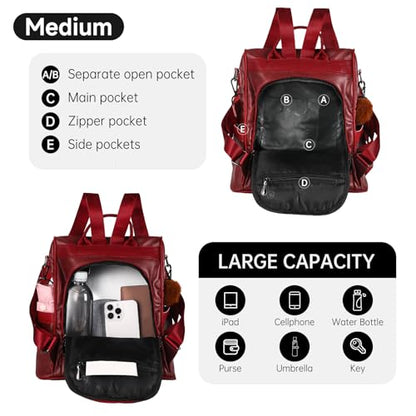 CHERUTY Women Backpack Purse PU Leather Anti-theft Casual Shoulder Bag Fashion Ladies Satchel Bags - color: 1-12 Burgundy, size: Medium