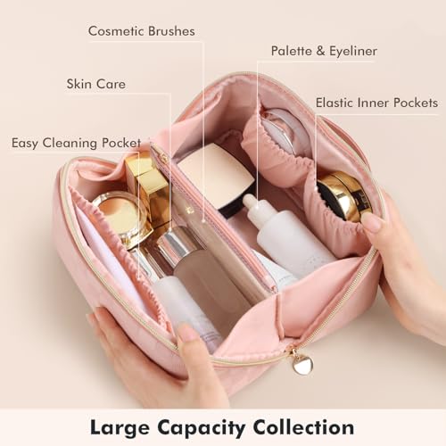 Prite Makeup Bag for Women Travel Waterproof Vegan Leather Cosmetic Bag Open Flat Toiletry Bag With Clear Divider and Handle (Plaid Pink, Medium) - color: Plaid Pink, size: Medium