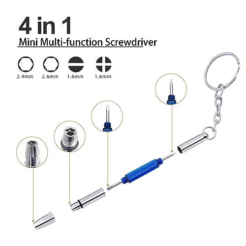 4 Pcs Mini Eyeglass Screwdriver, 4 in 1 Watches Precision Screwdriver Kit, Eyeglass Repair Set, Sunglass Watch Toy Repair with Keychain, Stainless Steel Alloy Watchmaker Tool(4 colors)