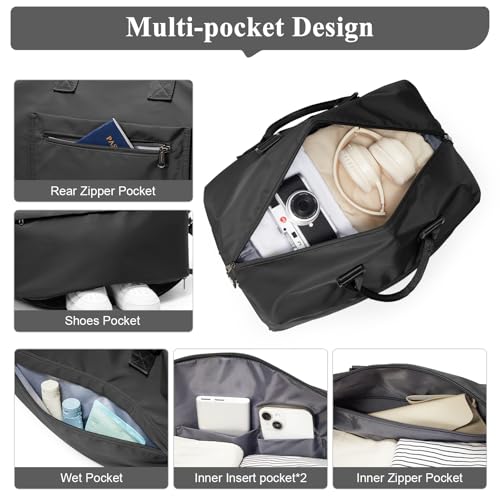 Travel Duffel Bag,Carry-On Overnight Weekender Bags for Women,Personal Item Travel Bag with Shoes Compartment,Sports Gym Bag - color: Black