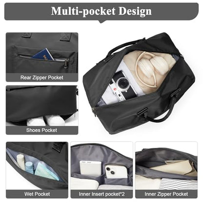 Travel Duffel Bag,Carry-On Overnight Weekender Bags for Women,Personal Item Travel Bag with Shoes Compartment,Sports Gym Bag - color: Black