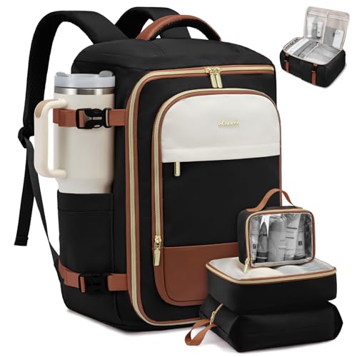 LOVEVOOK 50L Travel Backpack for Women, TSA Approved Carry On Backpack with 3 Packing Cubes, Personal Item Bag Fits 17" Laptop, Water-resistant Carry On Bag for Airplanes - color: Black & Brown, size: 50L-4PCS