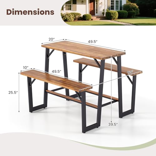 Giantex 4.5FT Picnic Table Bench Set for 4, Acacia Wood Outdoor Dining Table Set, 2" Umbrella Hole, Heavy Duty Metal Frame, Footrest Bar, Large Rectangular Tabletop for Porch Patio Lawn Garden - size: 54"×49.5"×39.5"