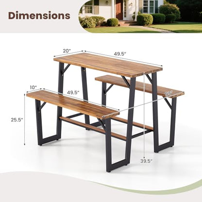 Giantex 4.5FT Picnic Table Bench Set for 4, Acacia Wood Outdoor Dining Table Set, 2" Umbrella Hole, Heavy Duty Metal Frame, Footrest Bar, Large Rectangular Tabletop for Porch Patio Lawn Garden - size: 54"×49.5"×39.5"