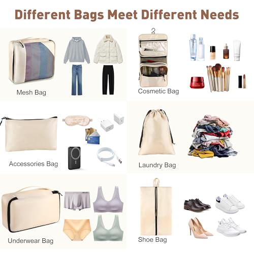 Toncoke 8-Piece Packing Cubes for Travel, 2026 Upgraded Durable Zippers & Reinforced Mesh, Complete Luggage Organizer Set with Shoe/Toiletry/Laundry Bags, 4 Sizes for Suitcase, Men Women, (Beige) - color: Beige