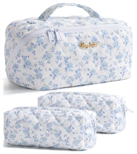 Travel Makeup Bag, 3 Pcs Large Capacity Puffy Toiletry Bag for Women, Open Flat Make up Cosmetic Organizer w/Handle & Clear Divider Water-resistant Portable Pouch Travel Essentials, M-Blue Floral - color: Blue Floral, size: medium
