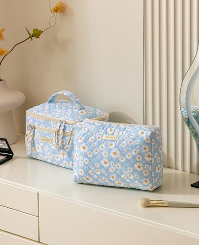HBselect 2Pcs Travel Makeup Bag, Large Cotton Quilted Makeup Bag Cosmetic Bag Cute Make up Bag Toiletry Bags for Women Girls - color: 2PCS-DAISY