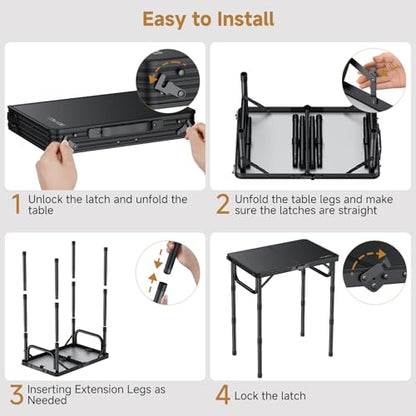 Folding Camping Table, 22" x 15" Picnic Table with 3 Adjustable Height Max 27.5", Matte Black Aluminum Folding Table with Handle for Party, Dining, Garden, Patio, Market - style: 2-Fold MDF Tabletop