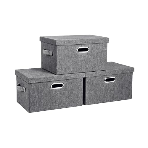Collapsible Storage Bin with Lid Linen Fabric Foldable Storage Box Organizer with Cover Suitable for Home Bedroom Office Nursery (Grey, Medium-3Pack) - color: Grey, size: Medium-3Pack