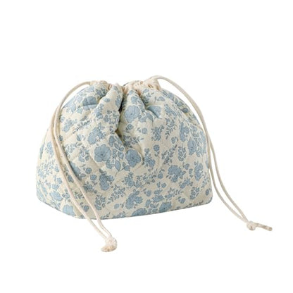 Cotton Quilted Drawstring Makeup Bag with Canvas Lining,Coquette Aesthetic Cute Travel Toiletry Bag,Drawstring Gift Bag for Women and Girls（02Light Blue Flower） - color: 02Light Blue Flower