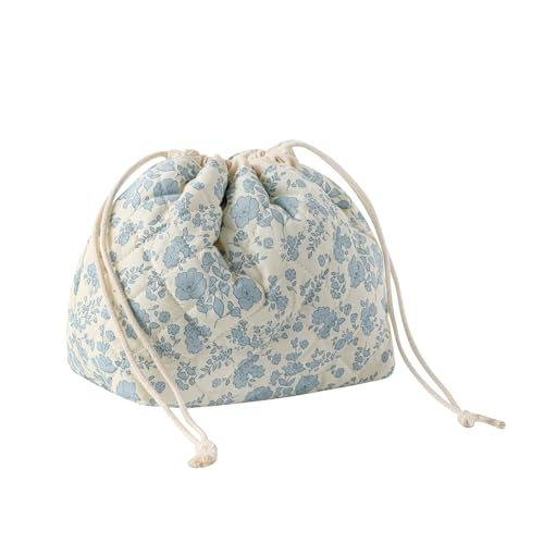 Cotton Quilted Drawstring Makeup Bag with Canvas Lining,Coquette Aesthetic Cute Travel Toiletry Bag,Drawstring Gift Bag for Women and Girls（02Light Blue Flower） - color: 02Light Blue Flower