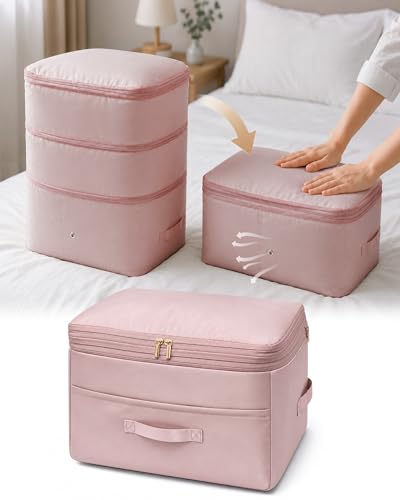 Ultra Space Saving Self Compression Organizers, Double Zipper Compression Packing Cubes for Bedding, Comforter Storage Bag for Blankets Duvet Quilts Pillows Queen King (Pink, X-Large) - color: Pink, size: 1 Pack (X-Large)