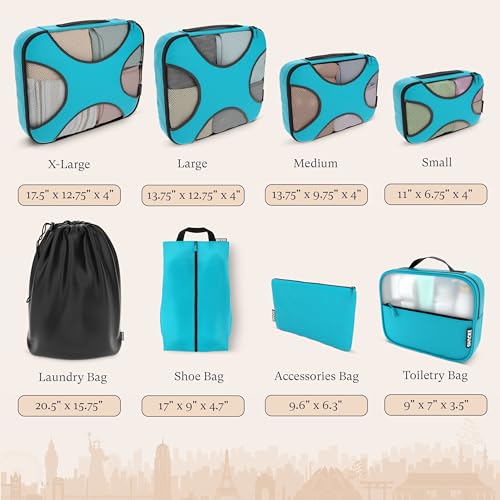 Shacke 8 Set Packing Cubes for Travel – Complete Luggage Organizer Set with Laundry, Shoe, Toiletry & Accessories Bag, Suitcase Travel Organizer (Aqua Teal) - color: 8 Set - Aqua Teal, size: Set of 8