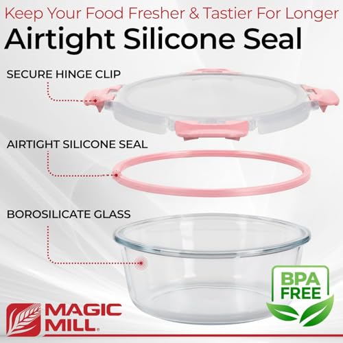 Magic Mill Premium Borosilicate Glass Food Storage Containers with lids Set | 24pc Sets with 12 Bowls & 12 Airtight Locking Lids for Lunch & Meal Prep, Safe for Oven, Freezer, Dishwasher, BPA-Free - color: Pink