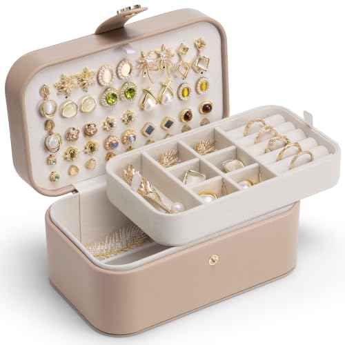 VLANDO Travel Jewelry Case, 2-Layer Jewelry Box, Portabel Travel Organizer for Necklaces, Earring, Bracelets, Ring, Watch - Large Capacity Travel Jewelry Storage - Toffee - color: H.Toffee-2 Layer