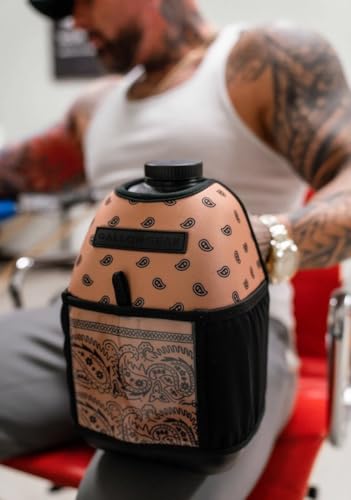 Half-Gallon Fitness Hydration Cover | Neoprene Insulated Cooling & Portable Gym Water Bottle Carrier | CASE with Storage Pockets - color: BANDANA TAN