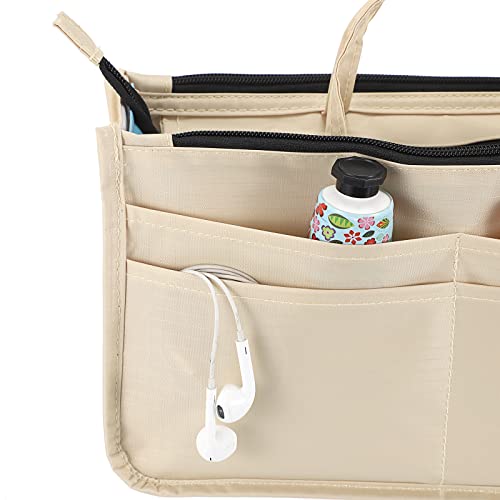 BTSKY Printing Handbag Organizers Inside Purse Insert - High Capacity 13 Pockets Bag Tote Organizer with Handle Beige - color: Beige