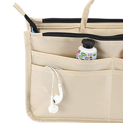BTSKY Printing Handbag Organizers Inside Purse Insert - High Capacity 13 Pockets Bag Tote Organizer with Handle Beige - color: Beige