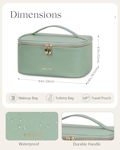 Prite Makeup Bag, Large Capacity Cosmetic Bag for Women and Girls, Waterproof PU Leather Travel Makeup Case, Toiletry Organizer with Handle and Divider for Skincare and Brushes - Green - color: Green